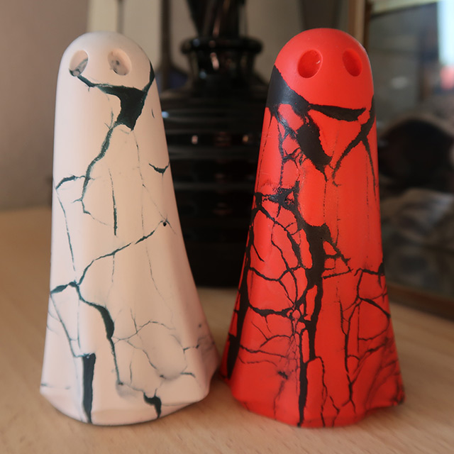 Muttering Judge variations: white with indigo blue cracks, red with black cracks